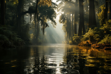 foggy landscape, river in tropical forest during high season