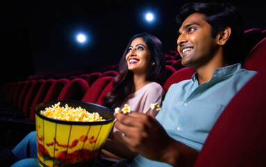 Young indian couple watching movie in the theater - obrazy, fototapety, plakaty