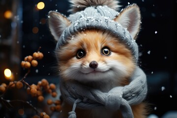 cute little fox in a knitted hat on a winter background, photorealistic