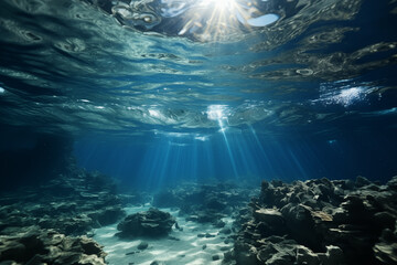 Fototapeta na wymiar underwater landscape with rays shining through the water surface