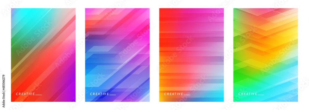 Poster Set of abstract backgrounds with vibrant color gradients and line patterns. Bright graphic templates for brochure covers, posters and flyers designs. Vector illustration.