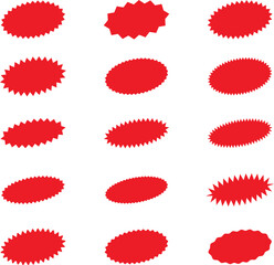 Starburst red sticker set - collection of special offer sale oval and round shaped sunburst labels and badges. Promo stickers with star edges. Vector.