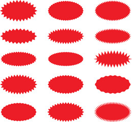 Starburst red sticker set - collection of special offer sale oval and round shaped sunburst labels and badges. Promo stickers with star edges. Vector.