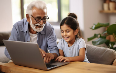granddaughter and grandpa using laptop together at home