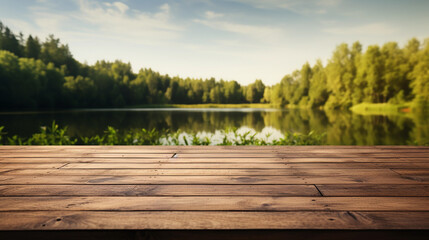 Empty wooden table top with alpine lake and forest background