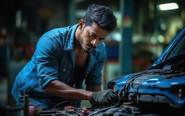 Indian male car mechanic working at garage