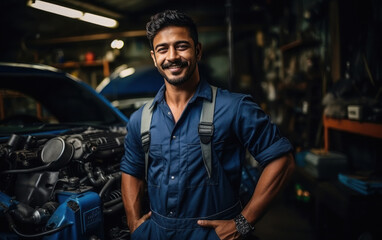 Fototapeta na wymiar Indian male car mechanic working at garage