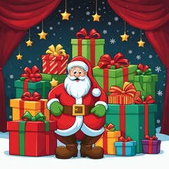 Cute cartoon santa and elves surrounded by presents christmas theme