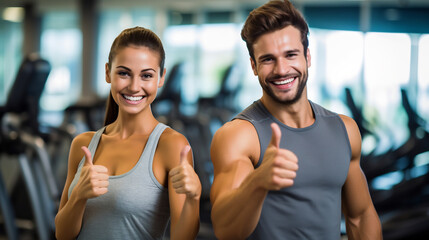 Male fitness trainer and female client in fitness gym are giving thumbs up for symbol good health,...