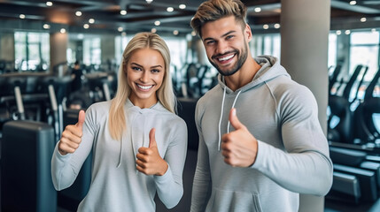 Male fitness trainer and female client in fitness gym are giving thumbs up for symbol good health, portrait couple in sportswear in gym