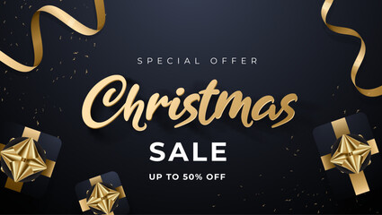 Christmas sale banner black background, special offer, banner design vector illustration