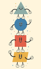 Funny cartoon geometric different shapes with happy emotions. Vector cartoon flat cute characters isolated.Groovy retro style 