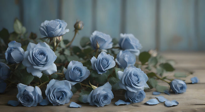A big bunch of beautiful blue roses on a wooden table, image AI generated