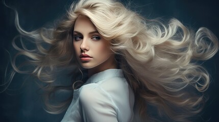 Beautiful female face with powerful silky hair and chic hairstyle. Perfect image of a beautiful woman. Beautiful feminine image. A natural beauty. Illustration for a magazine about beauty and fashion.