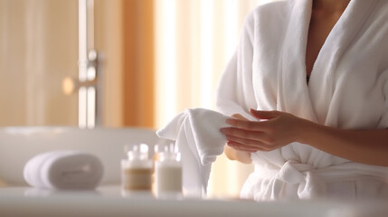 Obraz na płótnie Canvas Unrecognizable woman in white bathrobe preparing for beauty ritual in modern bathroom