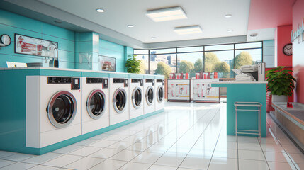 Washing machine in row, laundry shop interior - obrazy, fototapety, plakaty