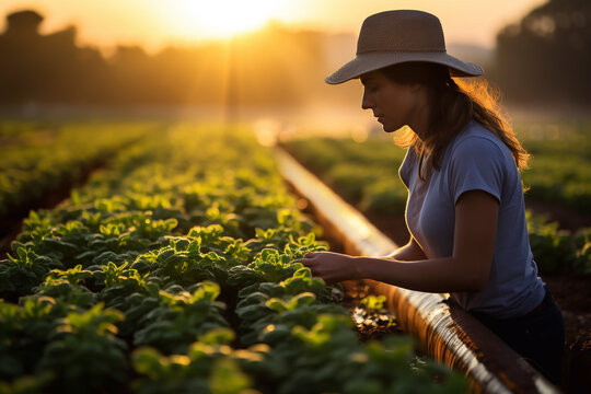 Young female farmer working in field. Self-sustainable young woman harvesting in an agricultural field.