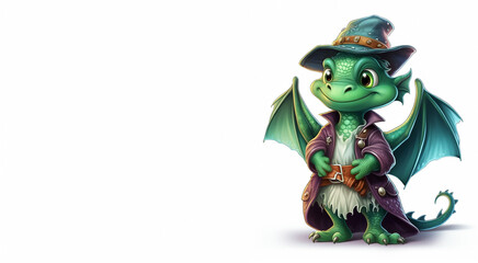 Scary green oriental fairy tale dragon wizard in an antique costume on a white background