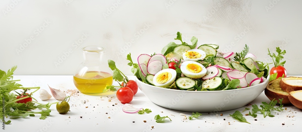 Poster easter salad with boiled egg radish and cucumber dressed with dijon mustard and lemon on a white tab
