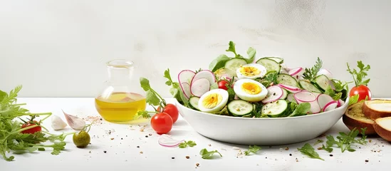 Poster Easter salad with boiled egg radish and cucumber dressed with dijon mustard and lemon on a white table copy space image © vxnaghiyev