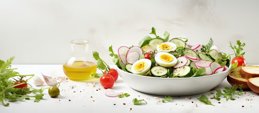 Easter salad with boiled egg radish and cucumber dressed with dijon mustard and lemon on a white table copy space image