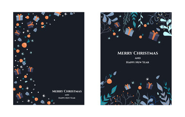 Set of cards in flat style. Vector stock illustration. Christmas and New Year. Holidays. Flat style. Plants, oranges and gifts. Doodle. Christmas tree.