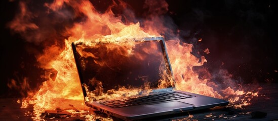Laptop fire caused by faulty battery and wiring resulting in damage and data loss copy space image - obrazy, fototapety, plakaty