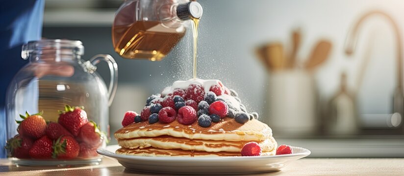 Image of a man enjoying cooking pancakes with his girlfriend in the kitchen while spraying whipped cream copy space image