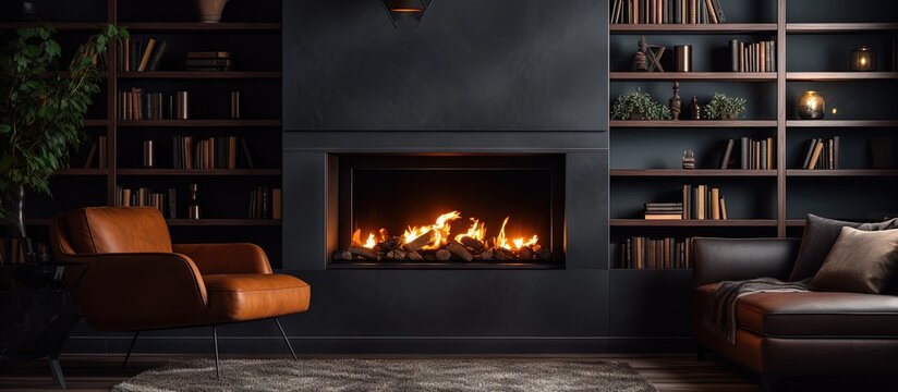 Detail shot of a leather couch wood table built in shelving and fireplace in a cozy living room copy space image