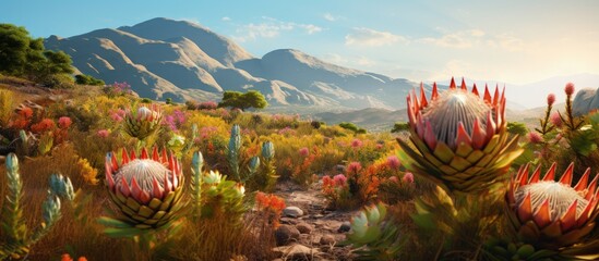 Indigenous South African plants in the Cape Floral Kingdom and Cape Floristic Region include restios ericas and proteas in a biodiverse fynbos biome copy space image - obrazy, fototapety, plakaty