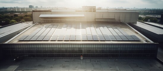 Drone camera captures cloudy day view of Brooklyn mall with solar panels on roof copy space image - obrazy, fototapety, plakaty