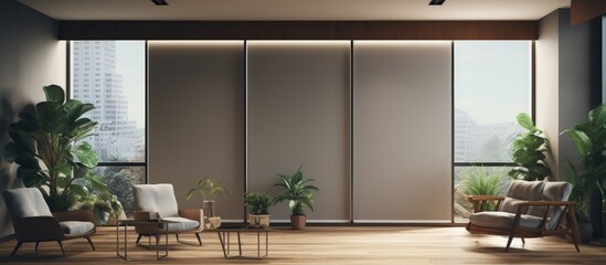Large automatic blackout roller blinds modern wood decor panels hi tech plant pots and electric home curtains copy space image - obrazy, fototapety, plakaty