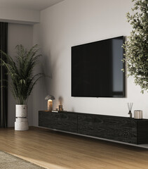 Modern entertainment area with wall mounted TV and decorative plants 3d render interior