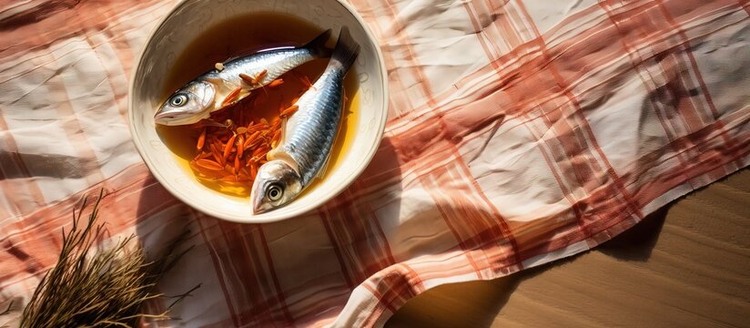 Fermented fish sauce from small aquatic animals on a white bowl with dried fish copy space image
