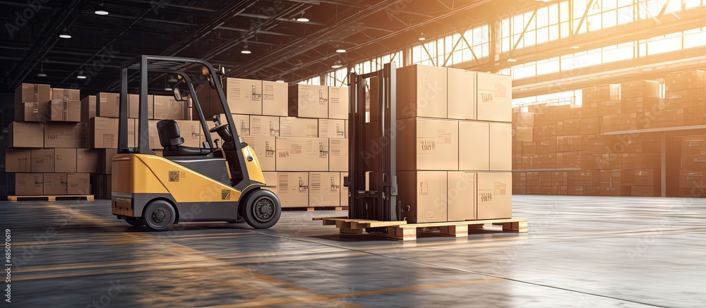 Poster logistics and transportation involving cargo boxes a freight truck and a hand pallet jack with cardb