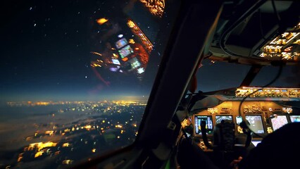 Timelapse from the cockpit of an aircraft during the night. City lights and lots of stars seen outside through the window. Instruments of the cockpit visible