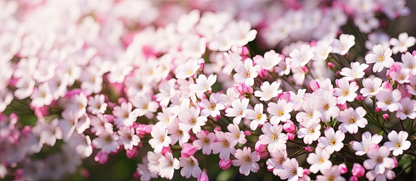 Gorgeous small flowers of white and pink in the park copy space image