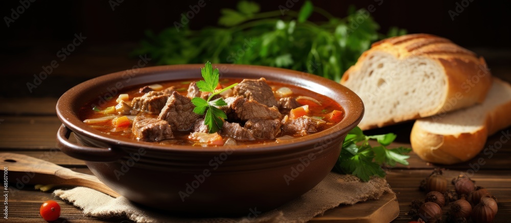 Poster home cooked goulash soup on a rustic table copy space image