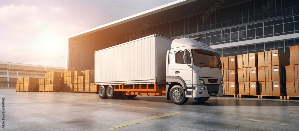 Poster load packaging boxes onto pallets and ship them in cargo containers on trucks for logistics in the d