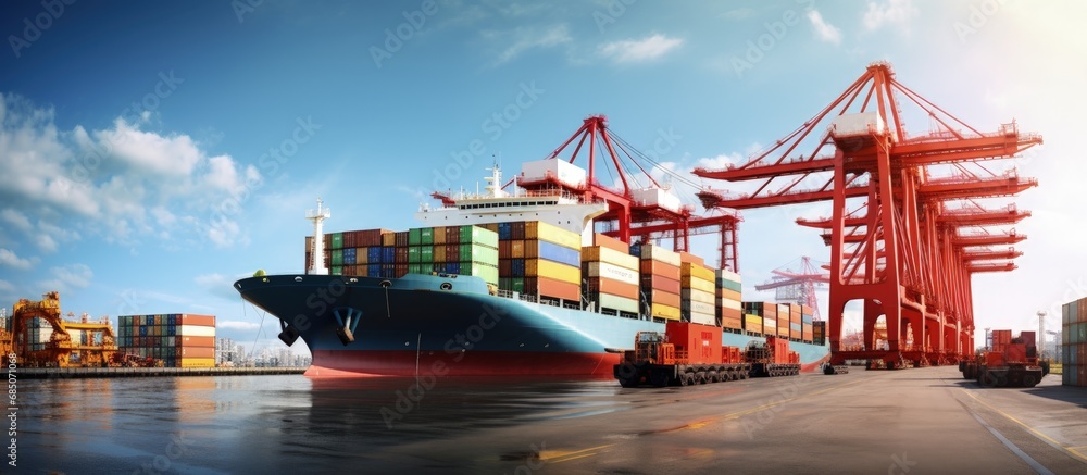 Poster grain being loaded onto ship in port panoramic view of ship cranes and port infrastructure copy spac