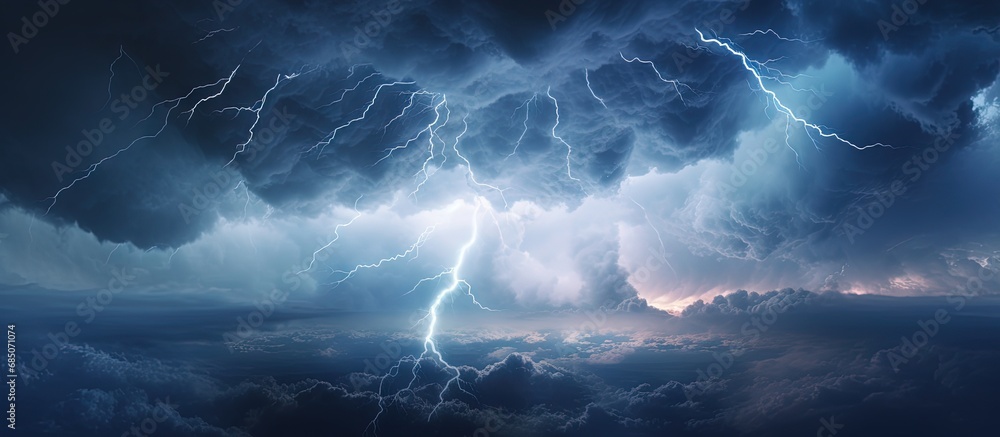 Poster lightning from a cumulonimbus storm cloud strikes earth copy space image