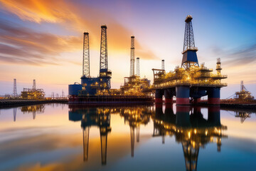 Obraz premium Offshore construction platforms for production oil and gas.Drilling oil rig plant. Generative AI