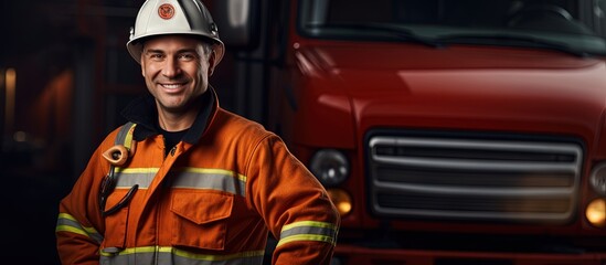 Obraz premium Happy firefighter by fire truck with gear copy space image