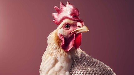 Creative animal concept. Chicken hen in glam fashionable couture high end outfits isolated on bright background advertisement, copy space. create using a generative ai tool 