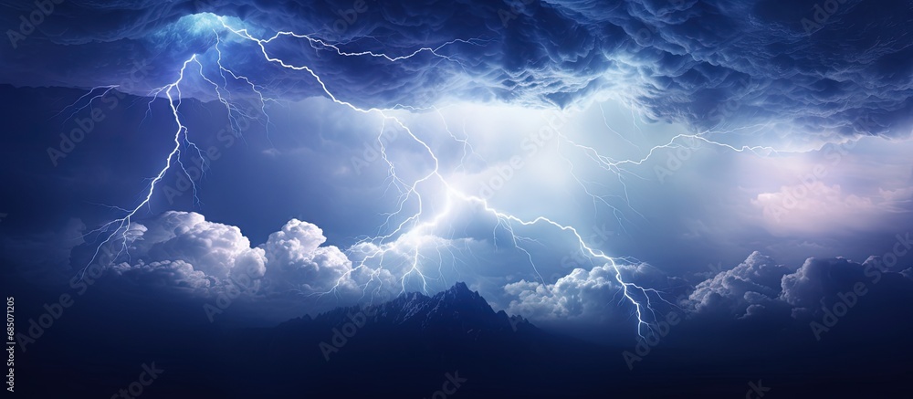 Poster lightning from a cumulonimbus storm cloud strikes earth copy space image