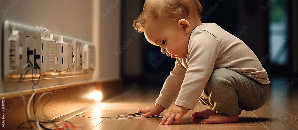 Poster Infant handling power cord on home floor copy space image