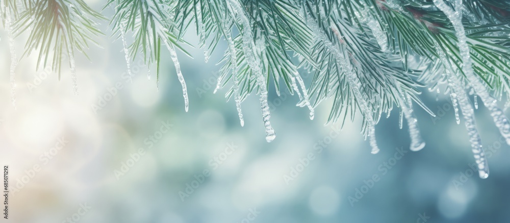 Poster frosty branches of a fir tree up close copy space image