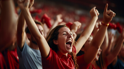 Excited female sports fans wearing red clothes celebrating victory of their team, cheering fans in a crowd a a sporting event