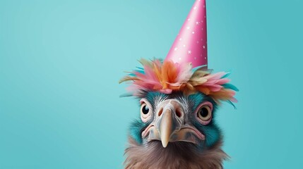 Creative animal concept. Eagle bird in party cone hat necklace bowtie outfit isolated on solid pastel background advertisement, copy text space. create using a generative ai tool  - obrazy, fototapety, plakaty