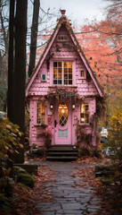 Autumn Serenity: A Pink Cottage Nestled in the Woods
